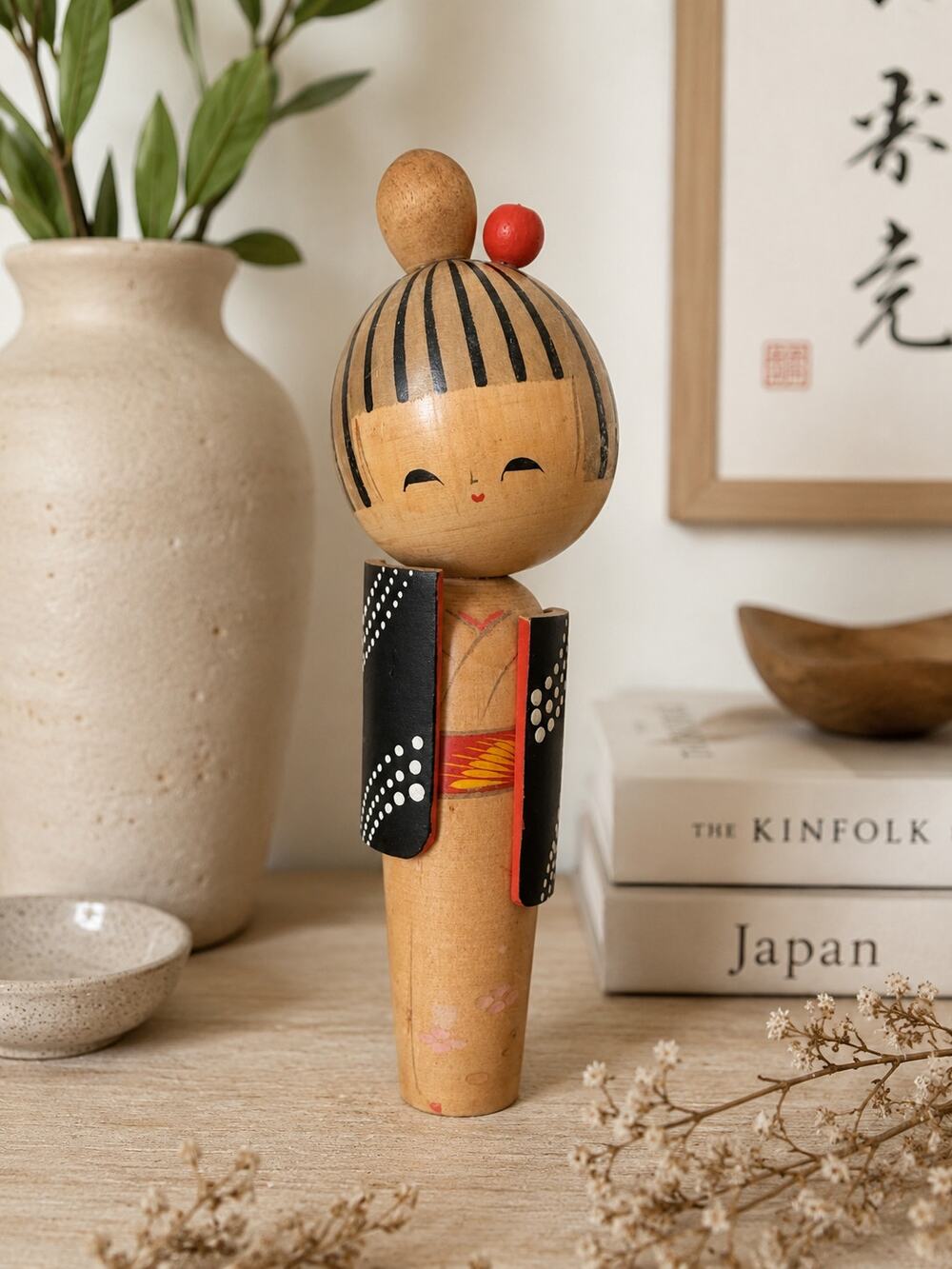 Vintage Japanese Kokeshi Doll 9” Wood Hand Painted Black Kimono Red Accent